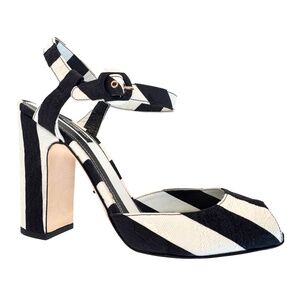 Dolce & Gabbana Peep Toe B/W Striped Brocade Fabric Sandals